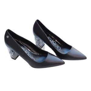 Womens Calvin Klein Eviti Nappa Black White Snakeskin Heel Pointed Pumps SZ: 6.5
